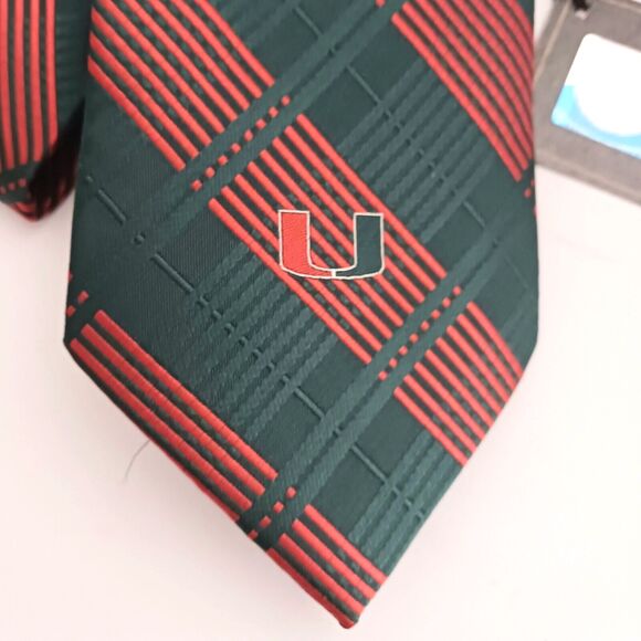 NWT Univ of Miami Woven Plaid Tie Eagles Wings Green/Orange 4" - Picture 2 of 8
